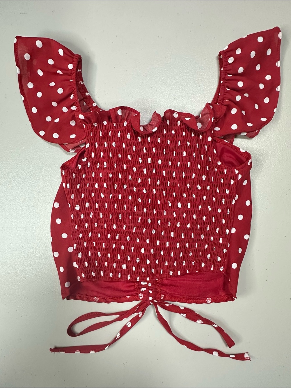 Red Polka Dot Ruched Tie-Front Crop Top - Picture 3 of 5